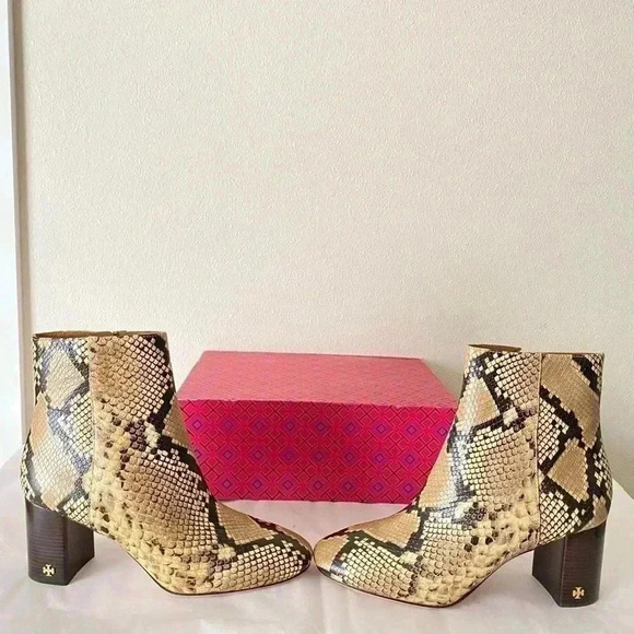 NEW TORY BURCH Brooke 70mm Block Heel Leather Python Sandrift Bootie Size 9.5 - Picture 3 of 7
